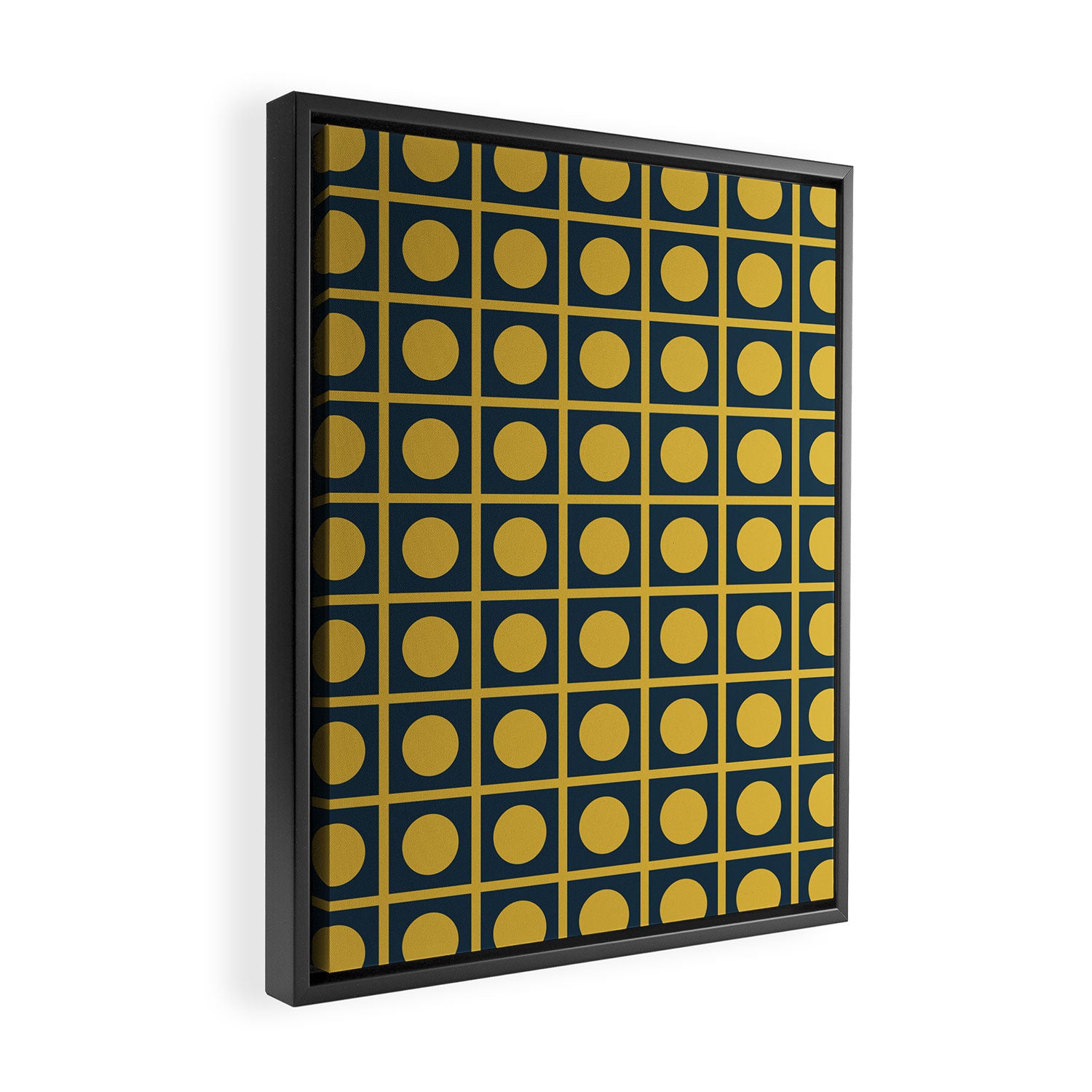 Dot Grid Retro Modern Pop Pattern in Mustard and Navy Blue Framed Canvas Print Gallery Image 2