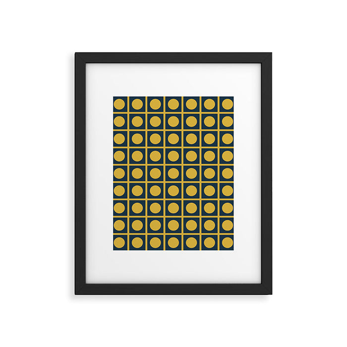 Dot Grid Retro Modern Pop Pattern in Mustard and Navy Blue Framed Art Print Gallery Image 1