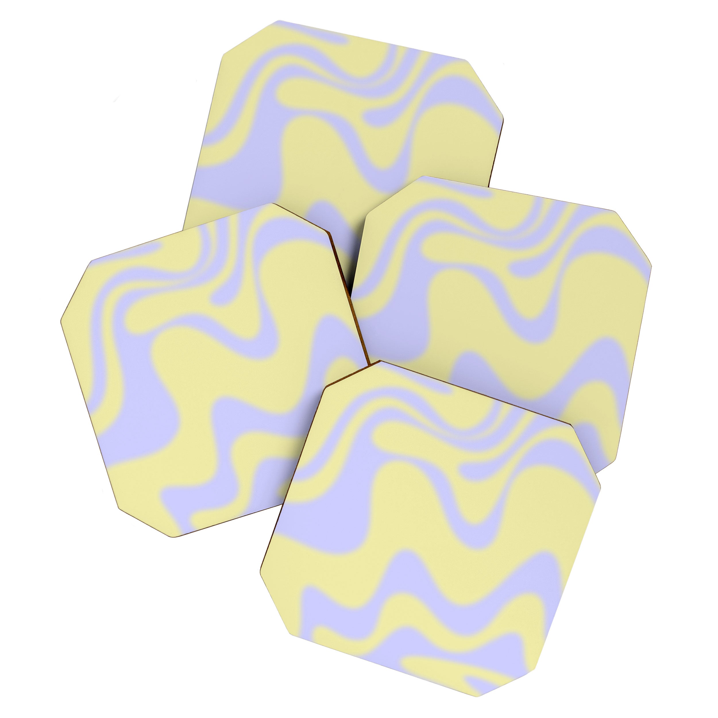 Dreamy Retro Liquid Swirl Contemporary Abstract 2 in Butter Yellow and Lavender Pastel Coaster Gallery Image 1
