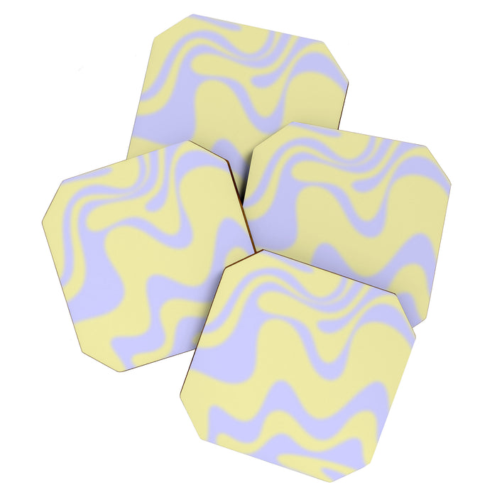 Dreamy Retro Liquid Swirl Contemporary Abstract 2 in Butter Yellow and Lavender Pastel Coaster Gallery Image 1