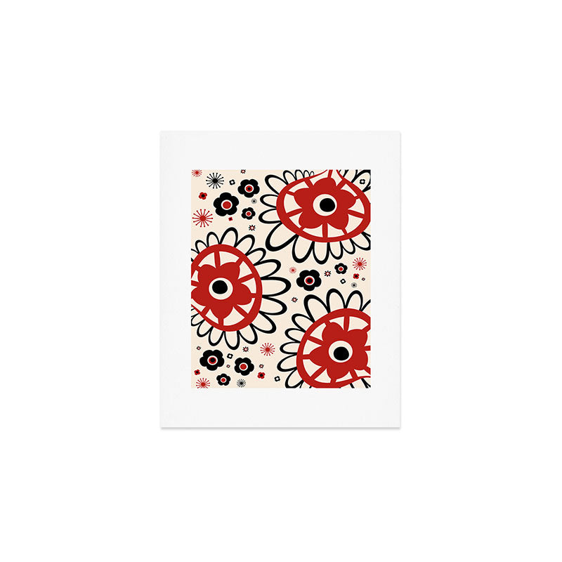 Dulcie Flowers Mid Century Modern Floral Abstract Pattern Red Black Cream Art Print Gallery Image 1