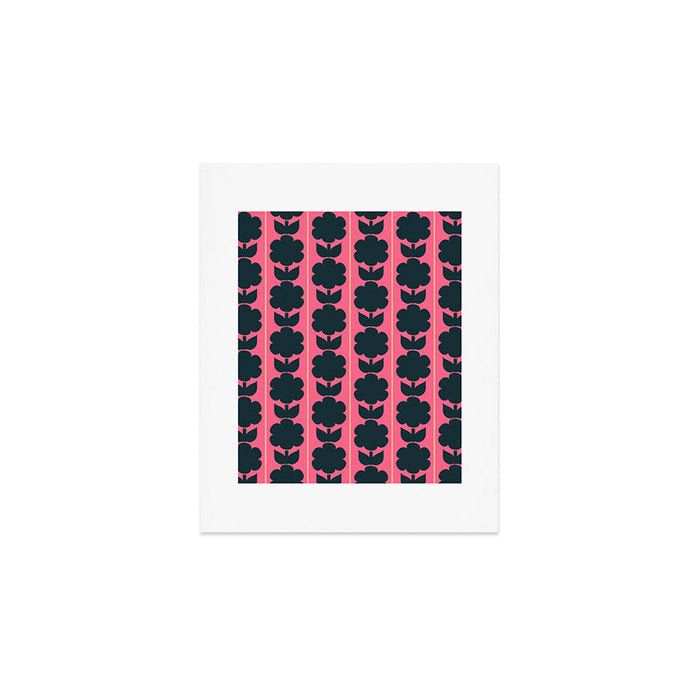 Eclectic Floral Jonnty Flowers and Stripes Pattern in Rich Pink and Dark Blue Art Print Gallery Image 1