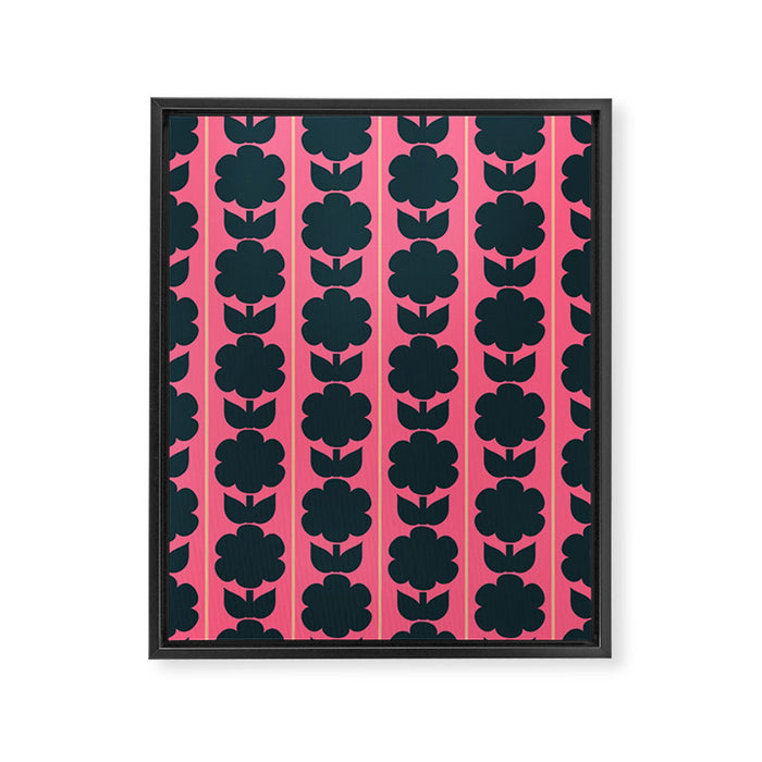 Eclectic Floral Jonnty Flowers and Stripes Pattern in Rich Pink and Dark Blue Framed Canvas Print Gallery Image 1