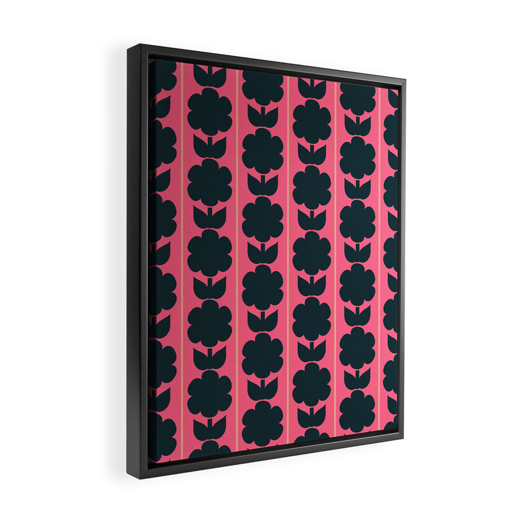 Eclectic Floral Jonnty Flowers and Stripes Pattern in Rich Pink and Dark Blue Framed Canvas Print Gallery Image 2