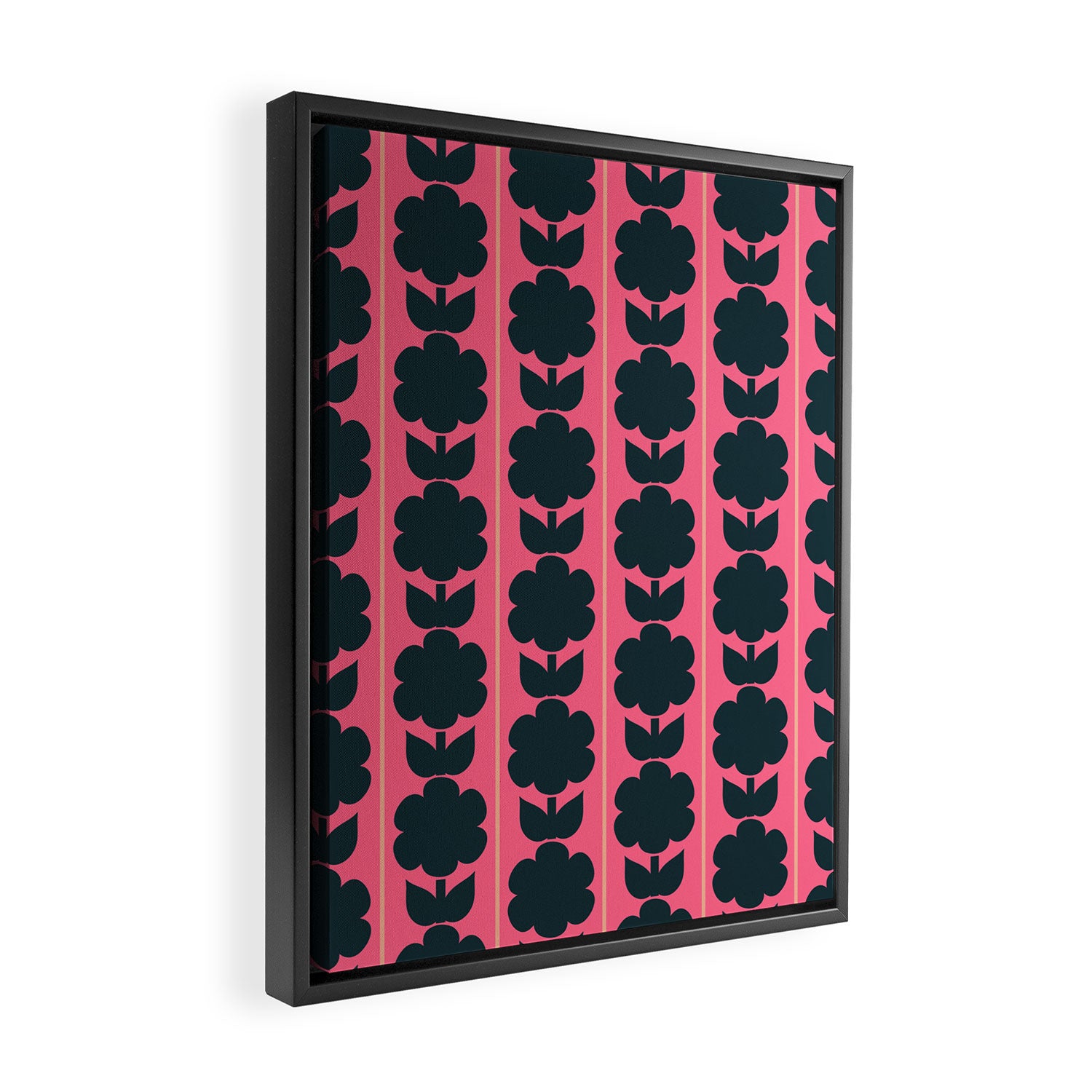 Eclectic Floral Jonnty Flowers and Stripes Pattern in Rich Pink and Dark Blue Framed Canvas Print Gallery Image 2