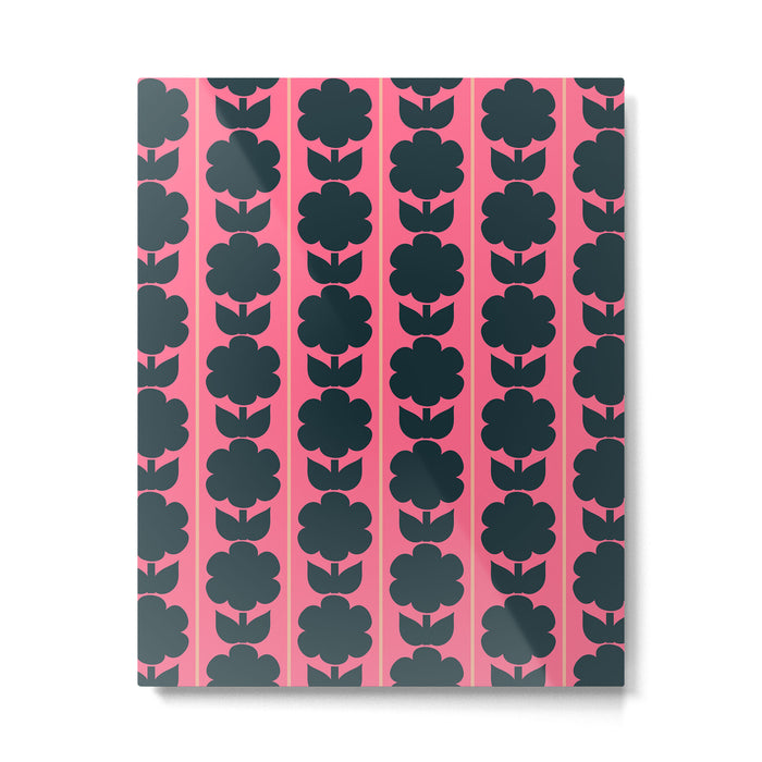 Eclectic Floral Jonnty Flowers and Stripes Pattern in Rich Pink and Dark Blue Metal Print Gallery Image 1