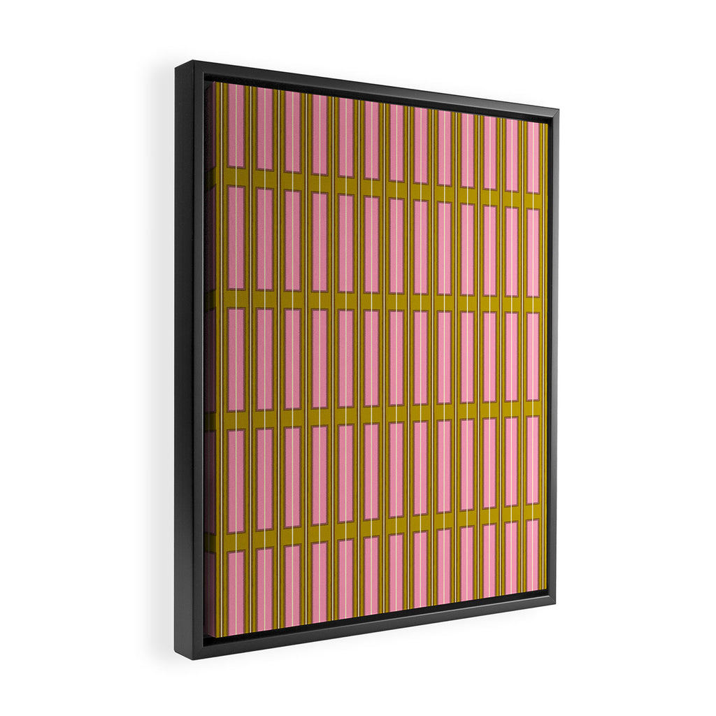 Eclectic Geometric Geo Box Striped Pattern in Pink Brown Chartreuse Cream Framed Canvas Print Gallery Image 2