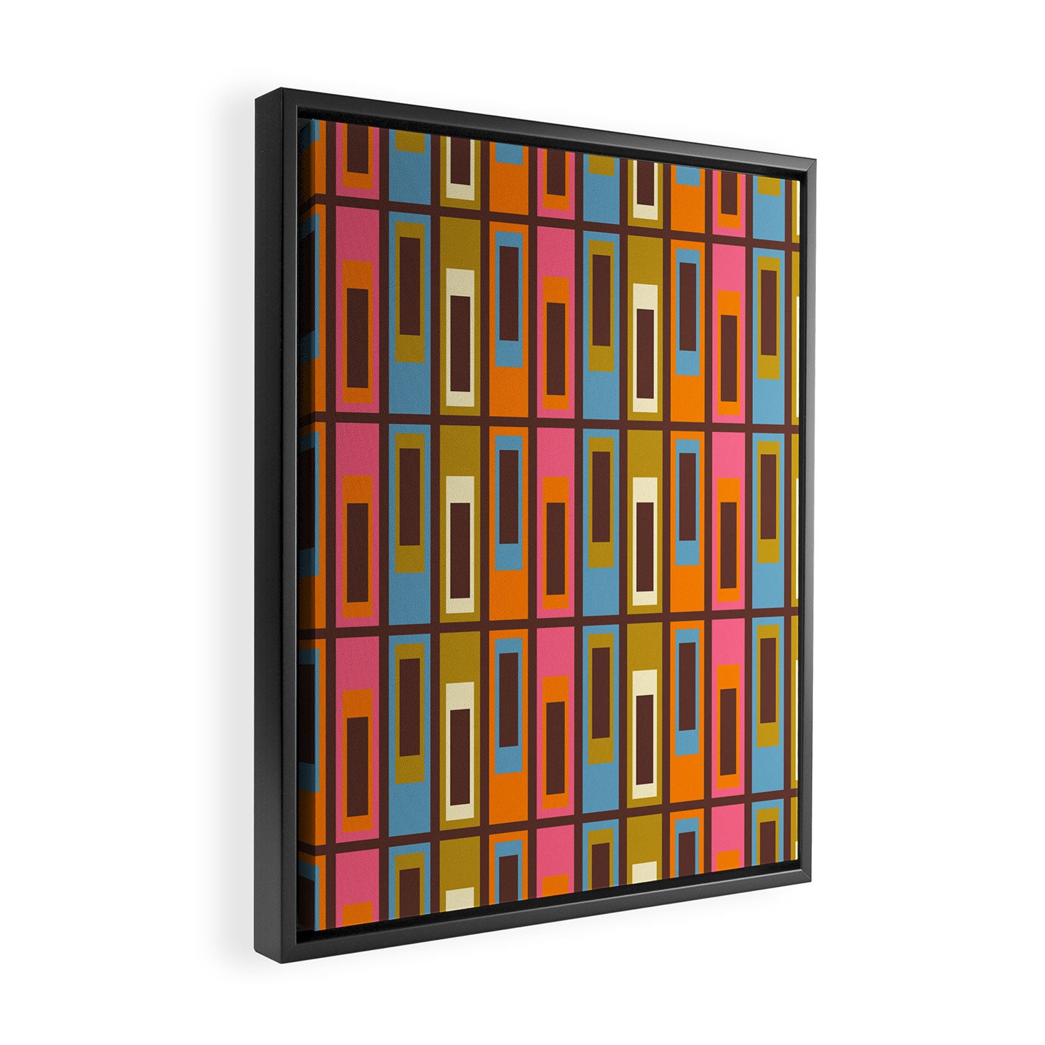Eclectic Geometric Mid Century Modern Lexington Ave Colorful Pattern with Dark Brown Framed Canvas Print Gallery Image 2