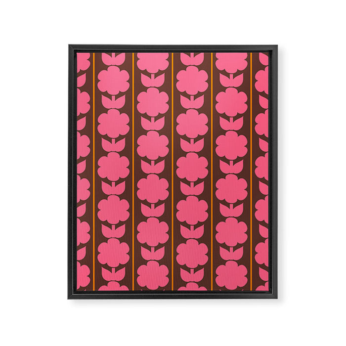 Eclectic Retro Contemporary Floral Jonnty Flowers and Stripes Pattern Pink Brown Orange Framed Canvas Print Gallery Image 1