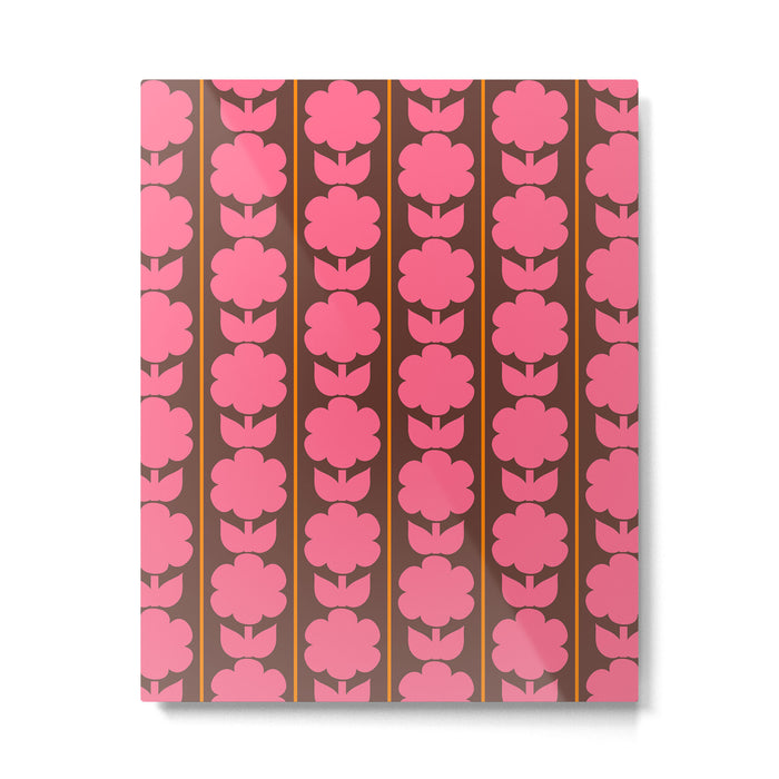 Eclectic Retro Contemporary Floral Jonnty Flowers and Stripes Pattern Pink Brown Orange Metal Print Gallery Image 1