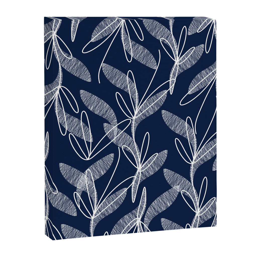 Etched Leaves Botanical Pattern in White and Nautical Navy Blue Canvas Print Gallery Image 8