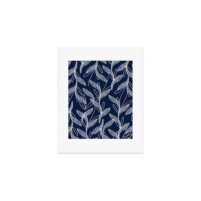 Etched Leaves Botanical Pattern in White and Nautical Navy Blue Art Print Gallery Image 1