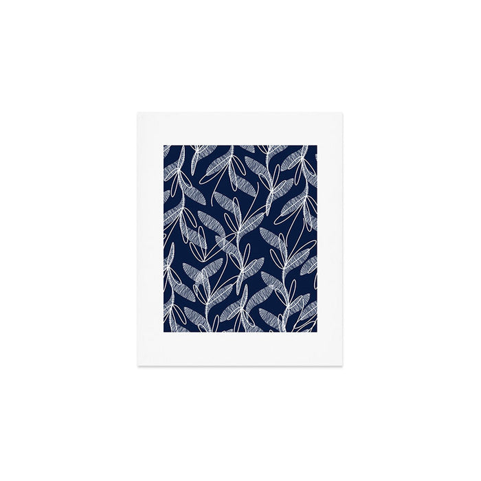 Etched Leaves Botanical Pattern in White and Nautical Navy Blue Art Print Gallery Image 1