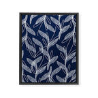 Etched Leaves Botanical Pattern in White and Nautical Navy Blue Framed Canvas Print Gallery Image 8