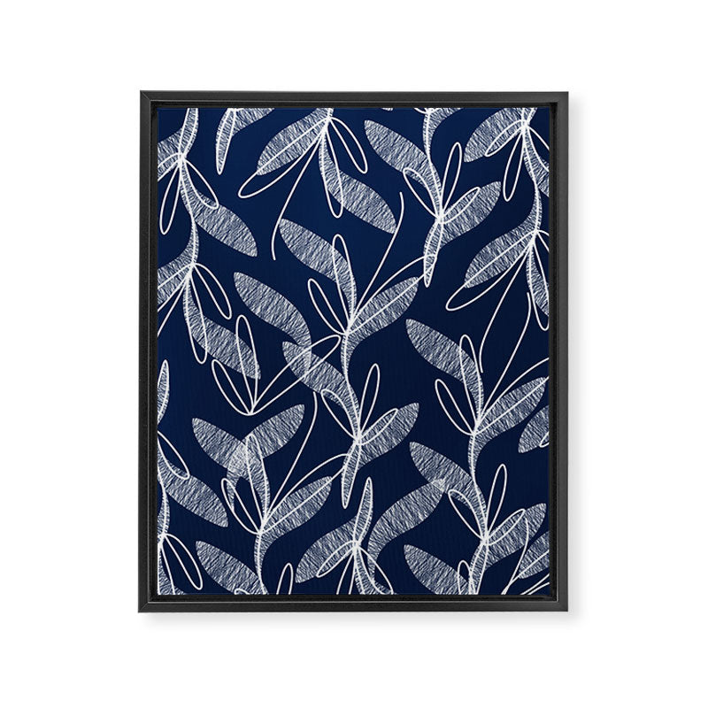 Etched Leaves Botanical Pattern in White and Nautical Navy Blue Framed Canvas Print Gallery Image 8