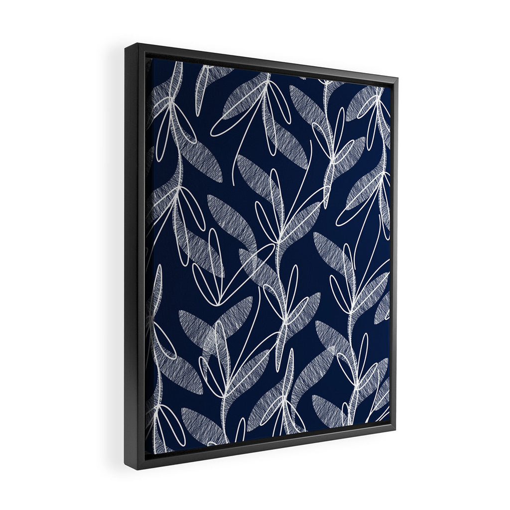 Etched Leaves Botanical Pattern in White and Nautical Navy Blue Framed Canvas Print Gallery Image 2