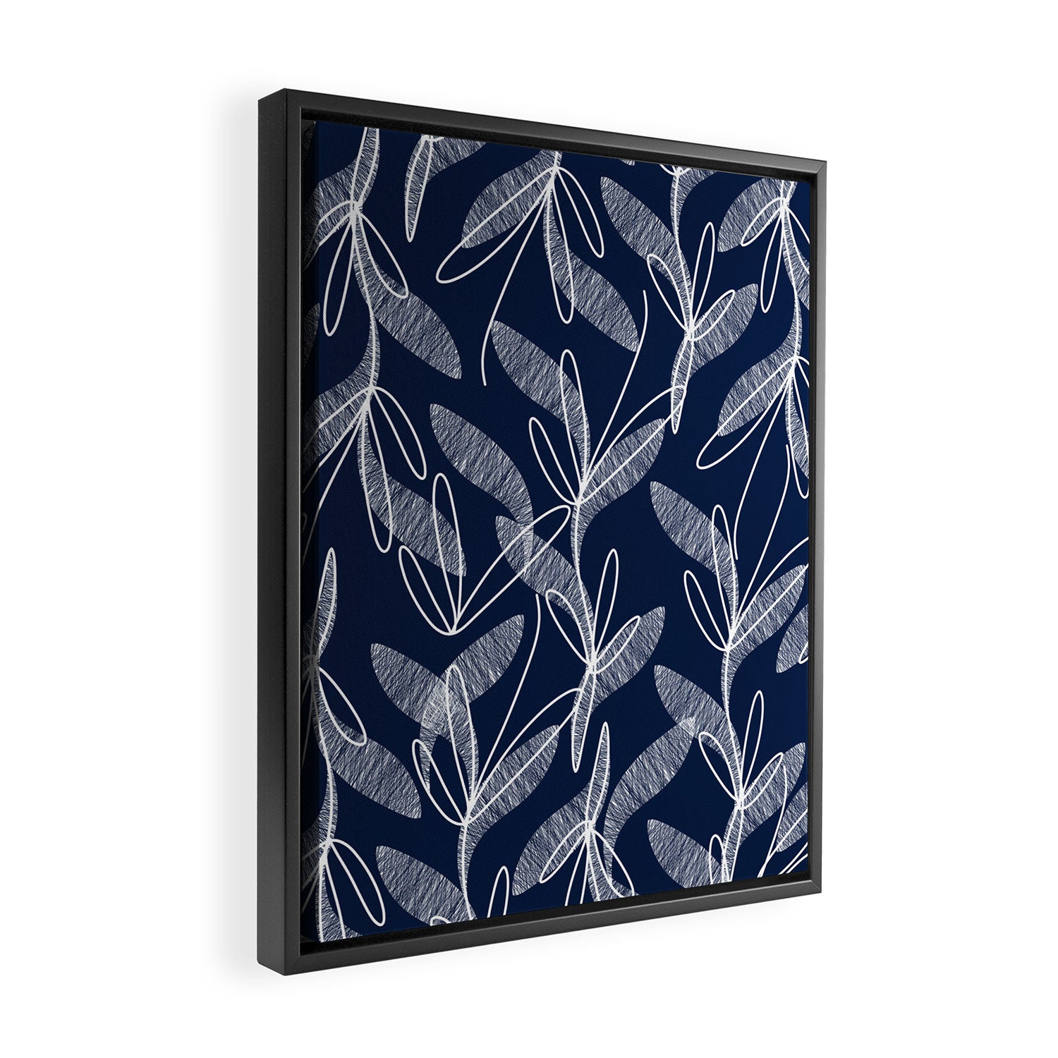 Etched Leaves Botanical Pattern in White and Nautical Navy Blue Framed Canvas Print Gallery Image 2