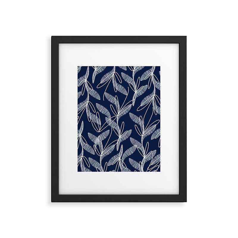 Etched Leaves Botanical Pattern in White and Nautical Navy Blue Framed Art Print Gallery Image 6
