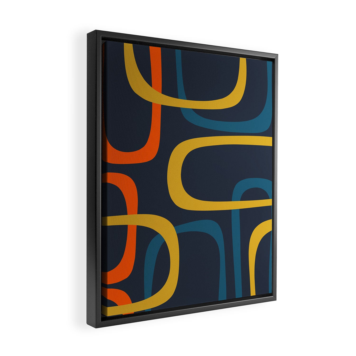 Fine Loops Mid Century Modern Pattern Blue Orange Mustard Framed Canvas Print Gallery Image 2