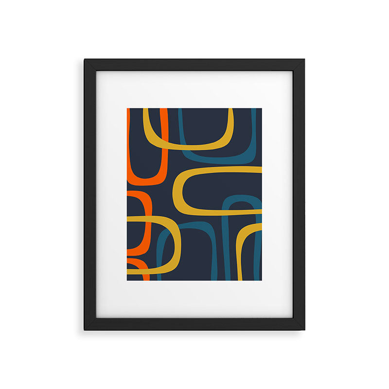 Fine Loops Mid Century Modern Pattern Blue Orange Mustard Framed Art Print Gallery Image 6