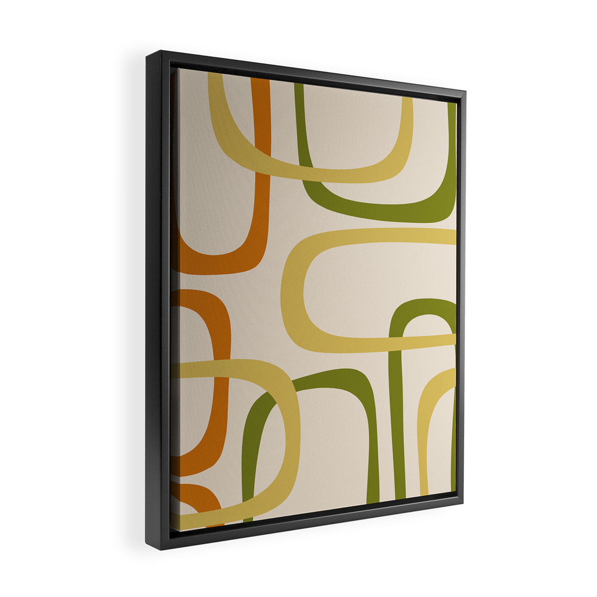 Fine Loops Mid-Century Modern Minimalist Olive Green, Burnt Orange, Mustard, and Beige Framed Canvas Print Gallery Image 2