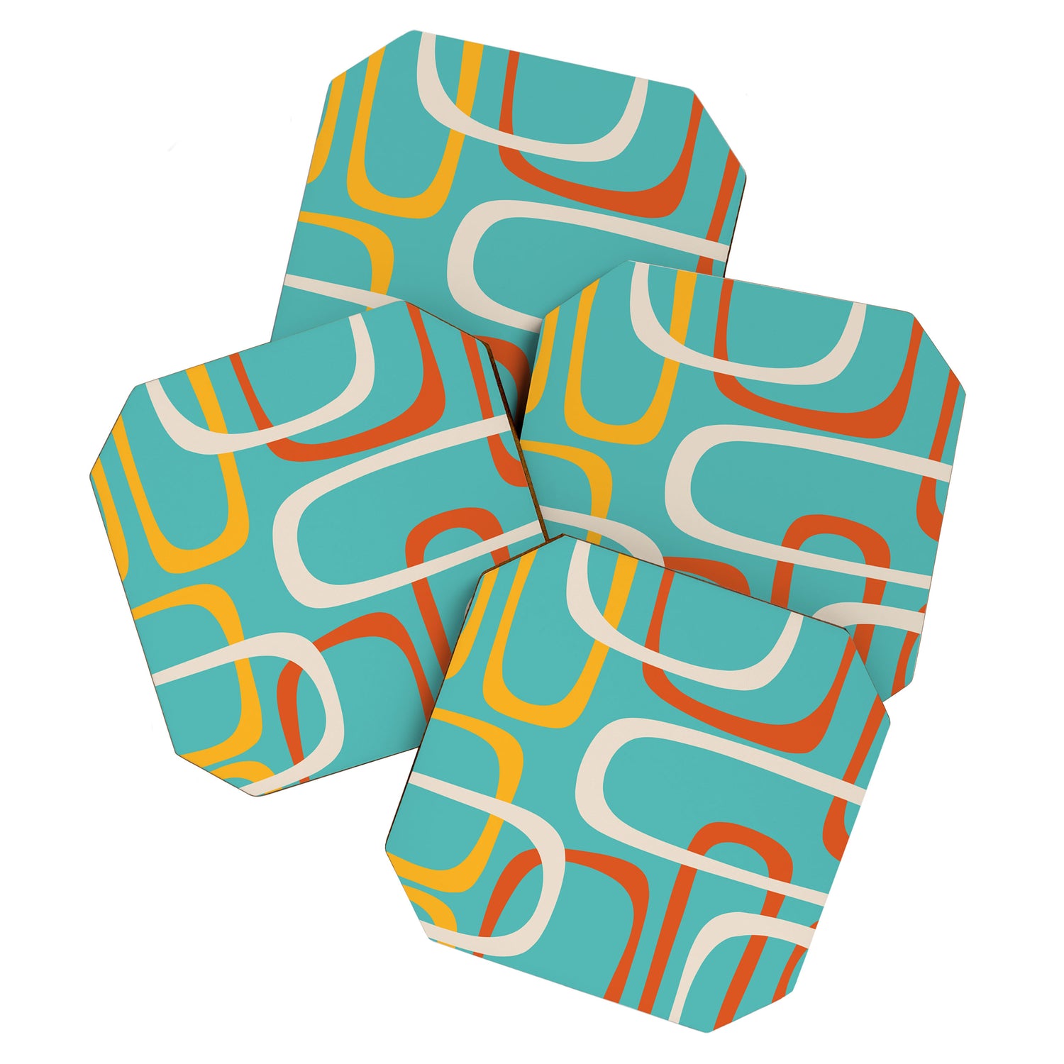Fine Loops Mid-Century Modern Minimalist Turquoise Teal, Orange, Mustard, and Cream  Coaster Gallery Image 1