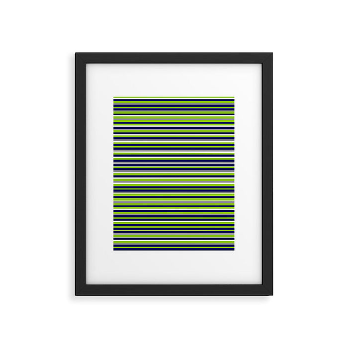 Fine Stripes Cheerful Pattern in Lime Green, Spring Green, Navy Blue, Gray Grey, White  Framed Art Print Gallery Image 1