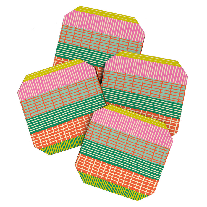 Finnish Patchwork Stripe Pattern Orange Green Pink Chartreuse Coaster Gallery Image 1