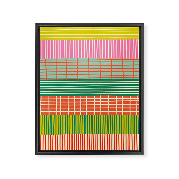 Finnish Patchwork Stripe Pattern Orange Green Pink Chartreuse Framed Canvas Print Gallery Image 1