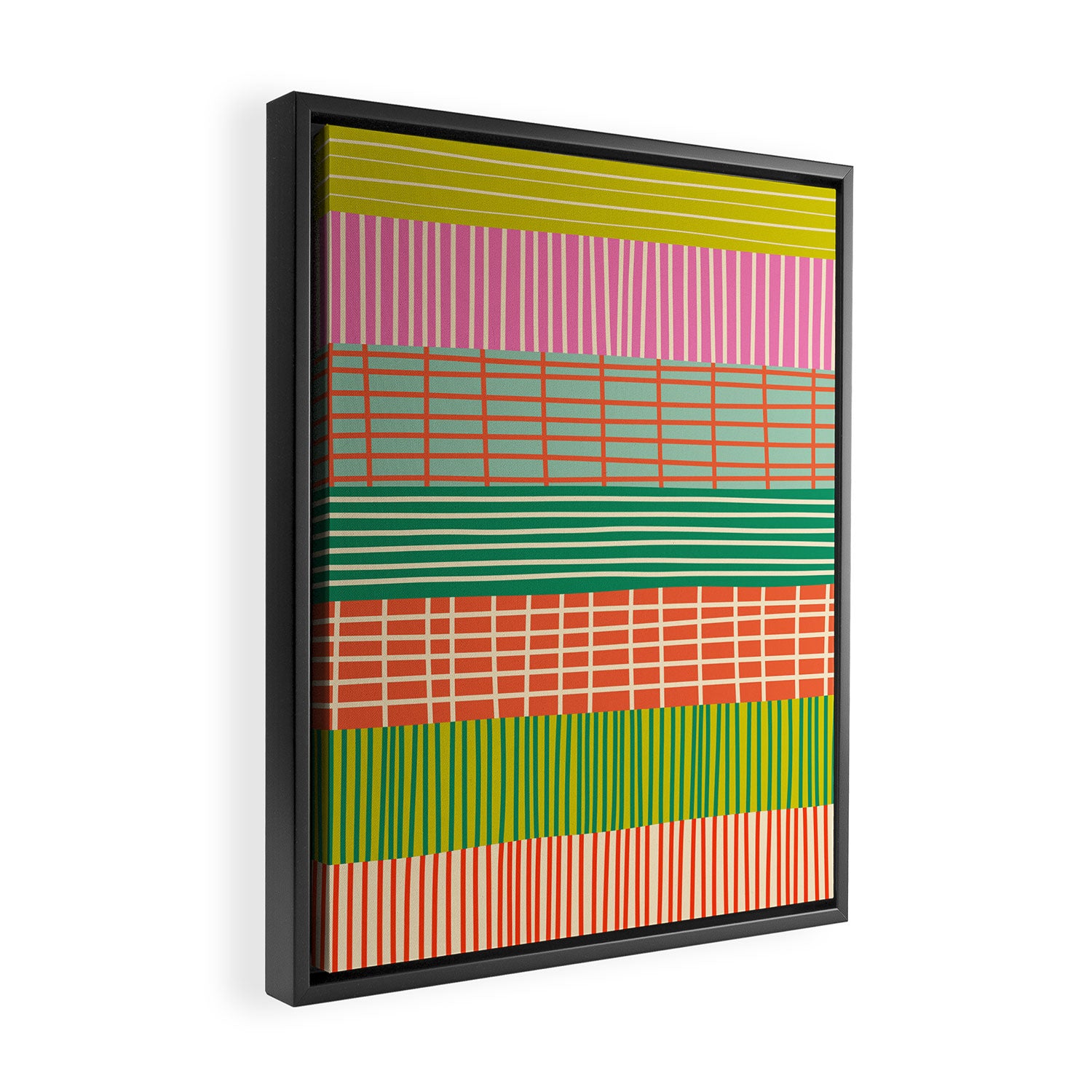 Finnish Patchwork Stripe Pattern Orange Green Pink Chartreuse Framed Canvas Print Gallery Image 2