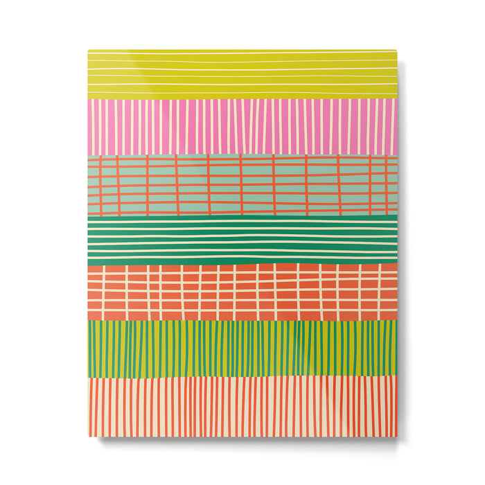 Finnish Patchwork Stripe Pattern Orange Green Pink Chartreuse Metal Print Gallery Image 1
