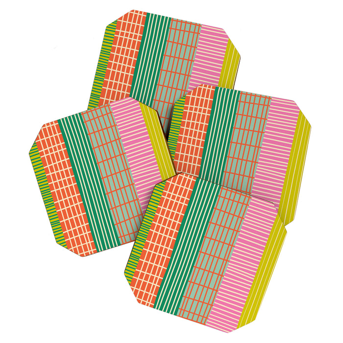 Finnish Patchwork Stripes Pattern Orange Green Pink Chartreuse Coaster Gallery Image 1