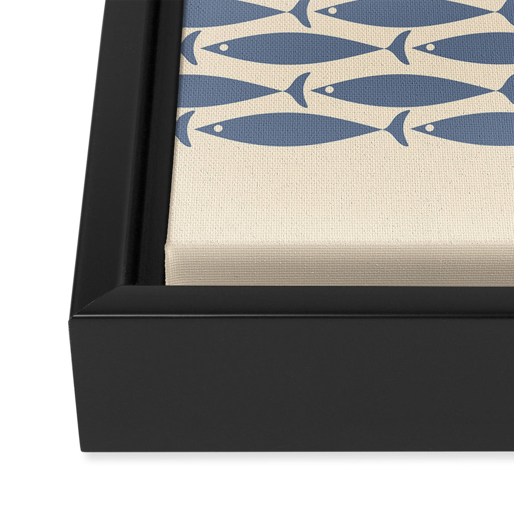 Fish Cuff - Minimalist Mid Century Modern Fish in Cream and Stone Blue Framed Canvas Print Gallery Image 3