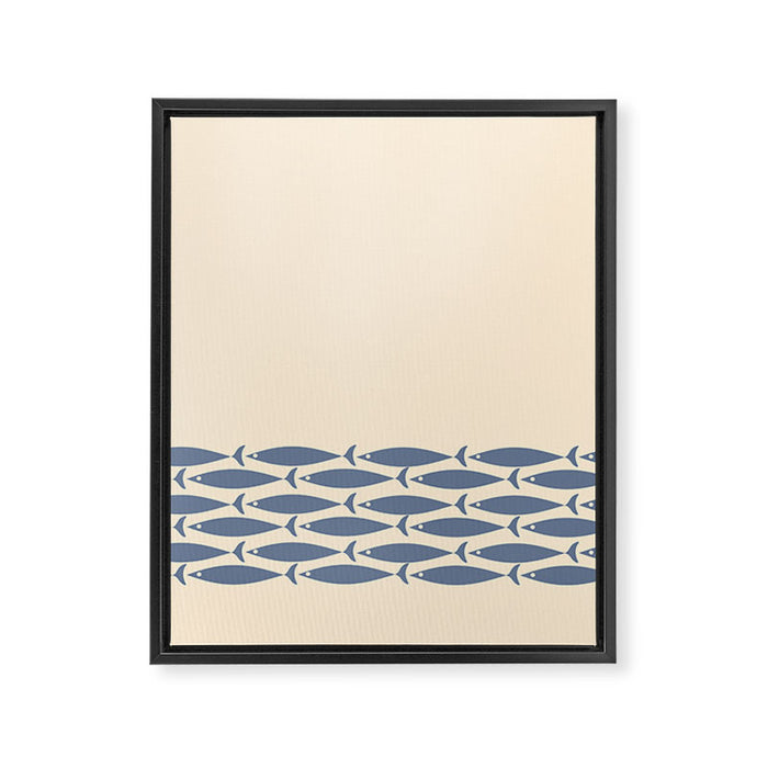 Fish Cuff - Minimalist Mid Century Modern Fish in Cream and Stone Blue Framed Canvas Print Gallery Image 1