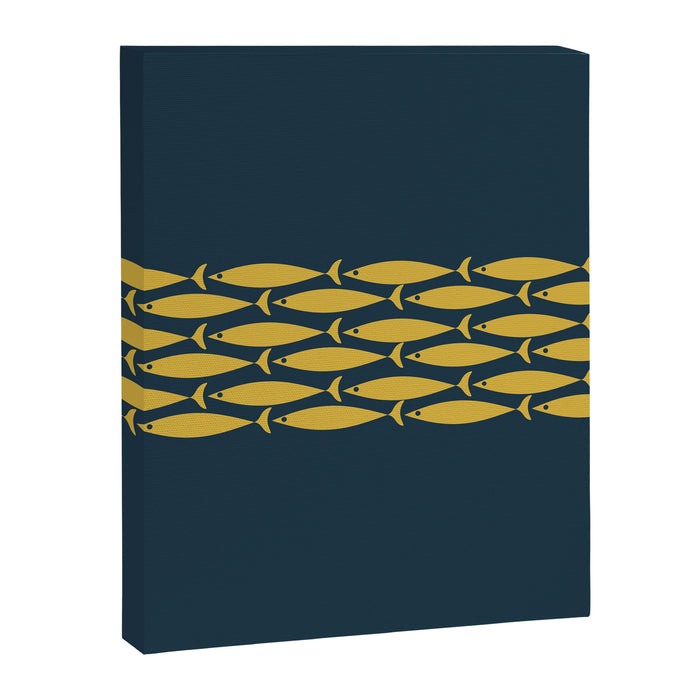 Fish Stripe 6 Minimalist Mid Century Modern Pattern in Light Mustard and Navy Blue Canvas Print Gallery Image 1