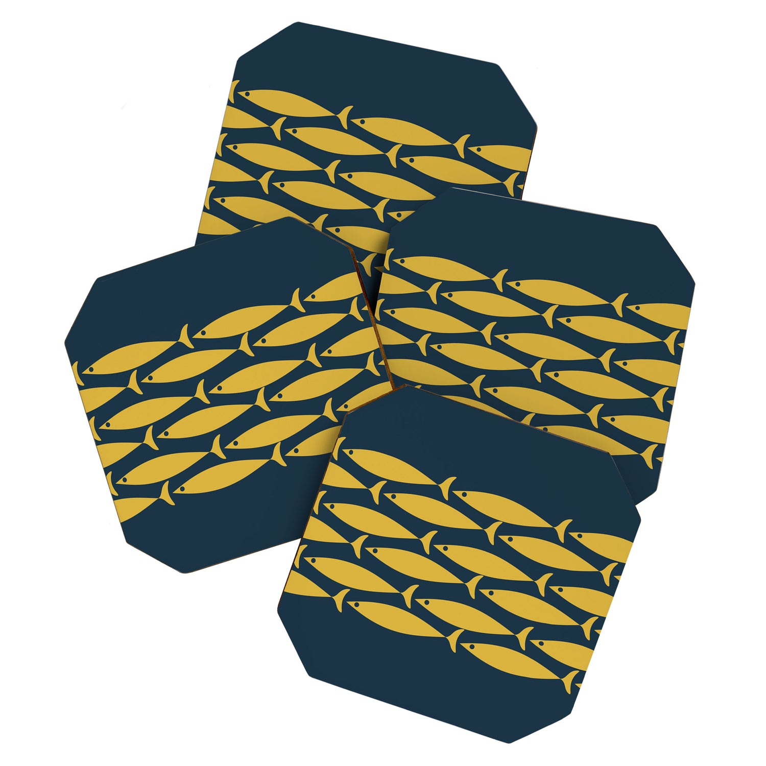 Fish Stripe 6 Minimalist Mid Century Modern Pattern in Light Mustard and Navy Blue Coaster Gallery Image 1