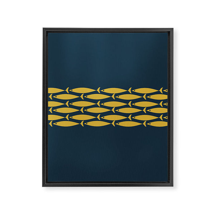 Fish Stripe 6 Minimalist Mid Century Modern Pattern in Light Mustard and Navy Blue Framed Canvas Print Gallery Image 1