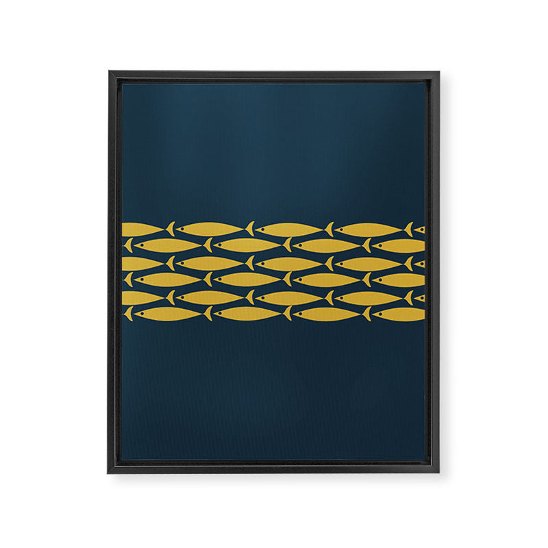 Fish Stripe 6 Minimalist Mid Century Modern Pattern in Light Mustard and Navy Blue Framed Canvas Print Gallery Image 8