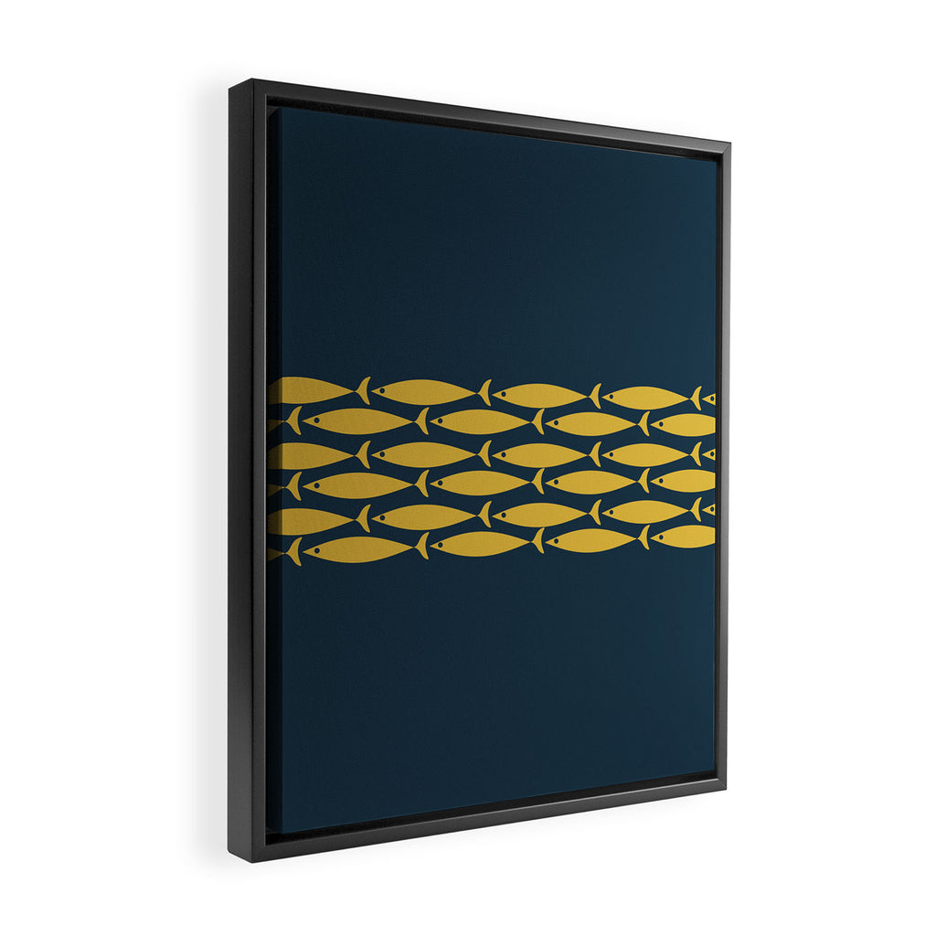 Fish Stripe 6 Minimalist Mid Century Modern Pattern in Light Mustard and Navy Blue Framed Canvas Print Gallery Image 2
