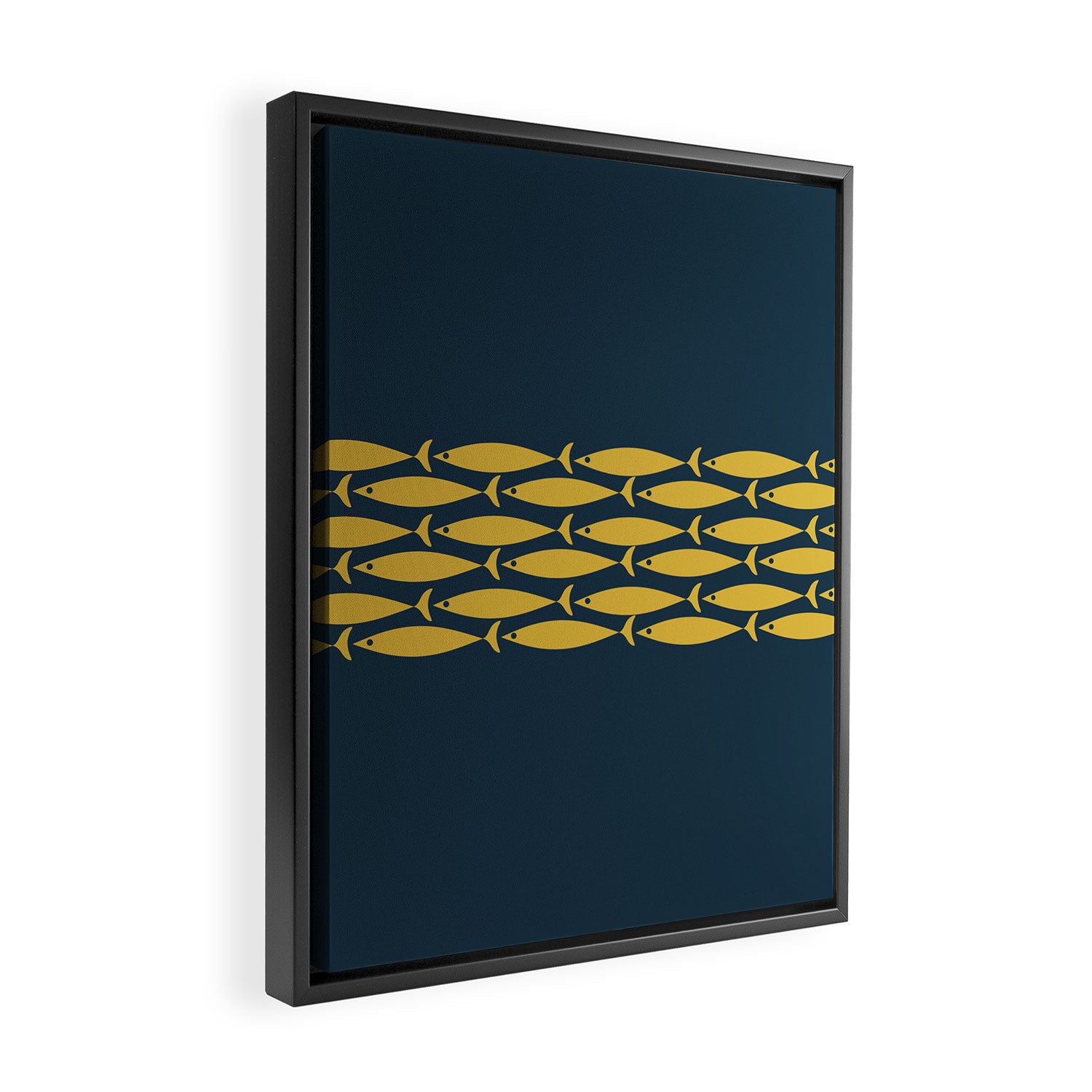 Fish Stripe 6 Minimalist Mid Century Modern Pattern in Light Mustard and Navy Blue Framed Canvas Print Gallery Image 2