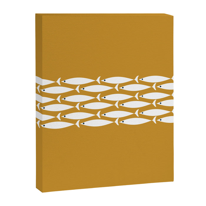 Fish Stripe 6 Minimalist Midcentury Modern Fish Pattern in White, Navy Blue, and Dark Mustard  Canvas Print Gallery Image 1