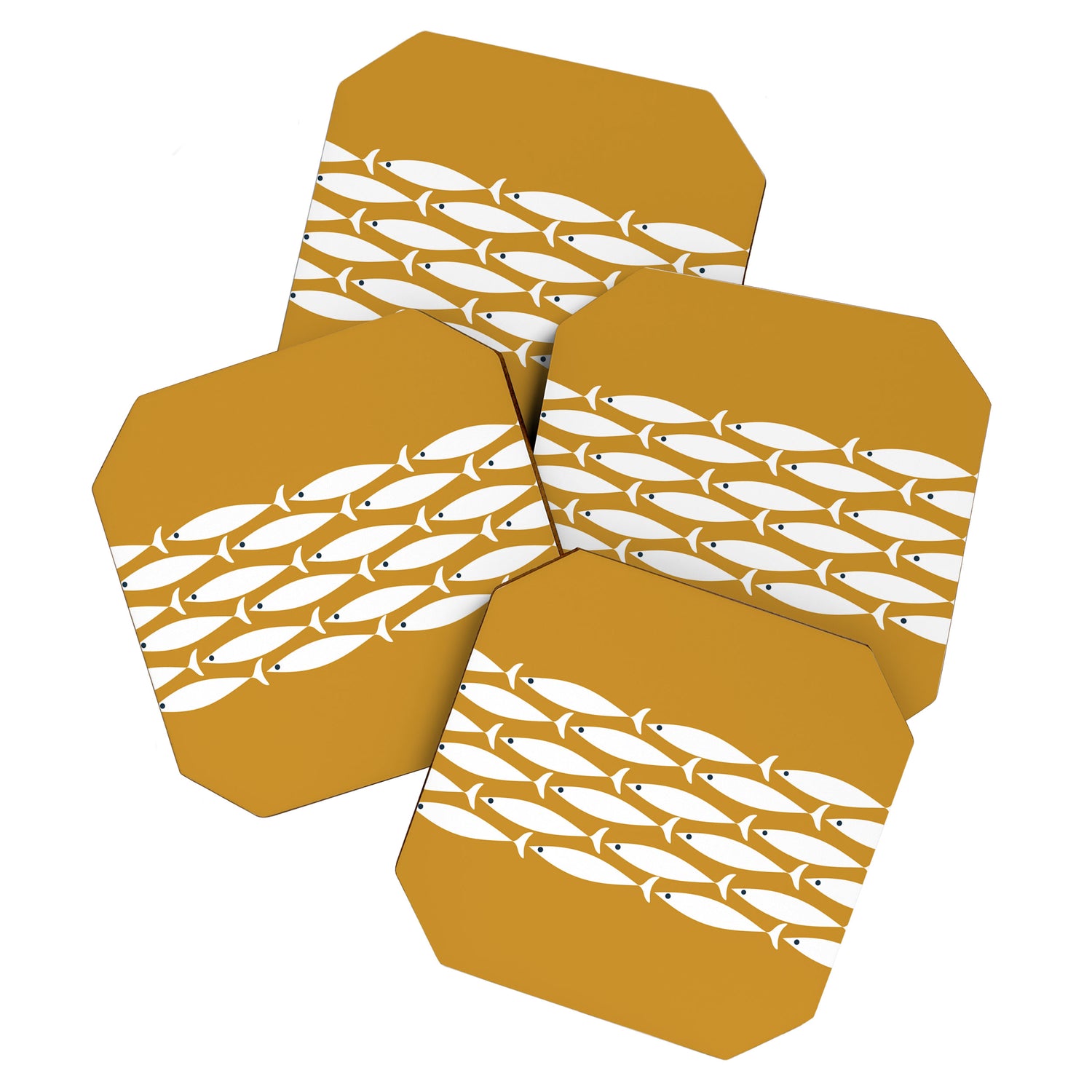Fish Stripe 6 Minimalist Midcentury Modern Fish Pattern in White, Navy Blue, and Dark Mustard  Coaster Gallery Image 1