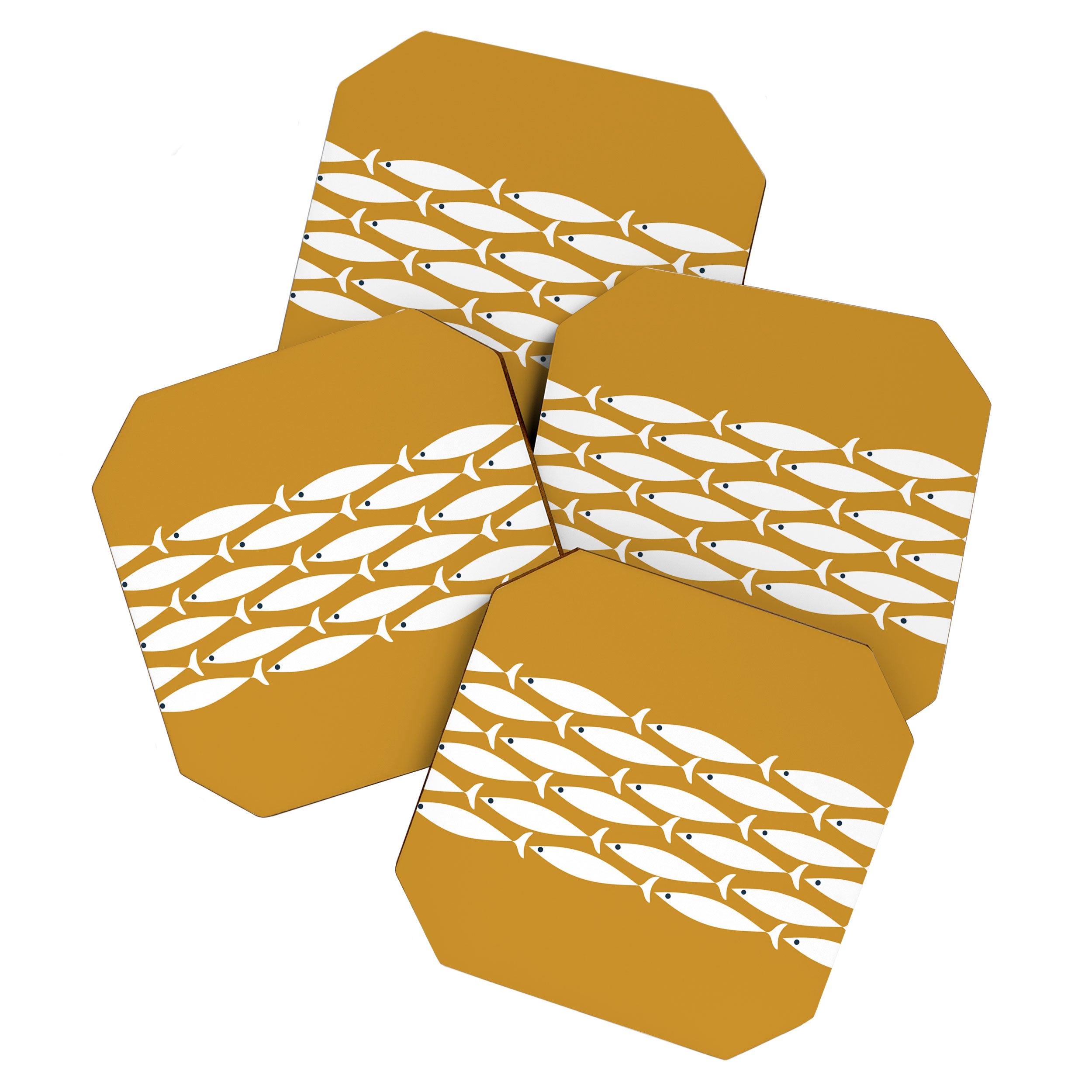 Fish Stripe 6 Minimalist Midcentury Modern Fish Pattern in White, Navy Blue, and Dark Mustard  Coaster Gallery Image 1