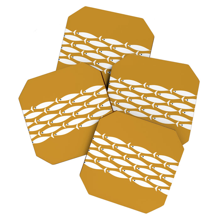 Fish Stripe 6 Minimalist Midcentury Modern Fish Pattern in White, Navy Blue, and Dark Mustard  Coaster Gallery Image 1