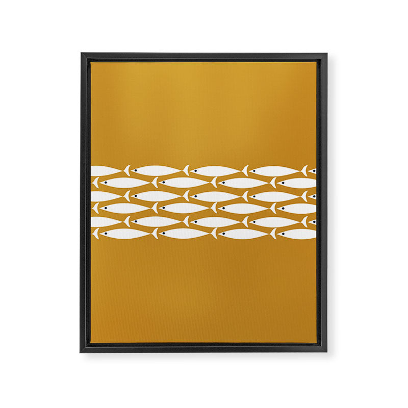 Fish Stripe 6 Minimalist Midcentury Modern Fish Pattern in White, Navy Blue, and Dark Mustard  Framed Canvas Print Gallery Image 8