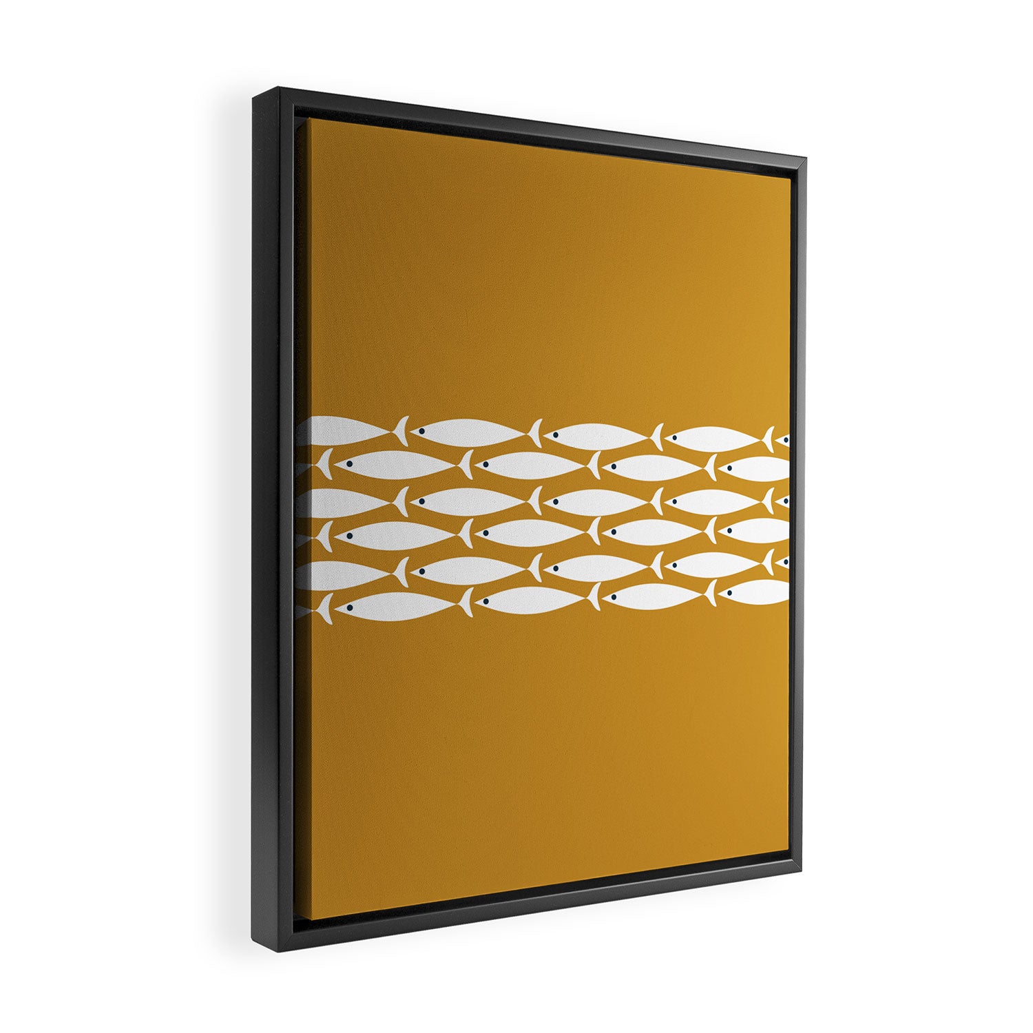 Fish Stripe 6 Minimalist Midcentury Modern Fish Pattern in White, Navy Blue, and Dark Mustard  Framed Canvas Print Gallery Image 2