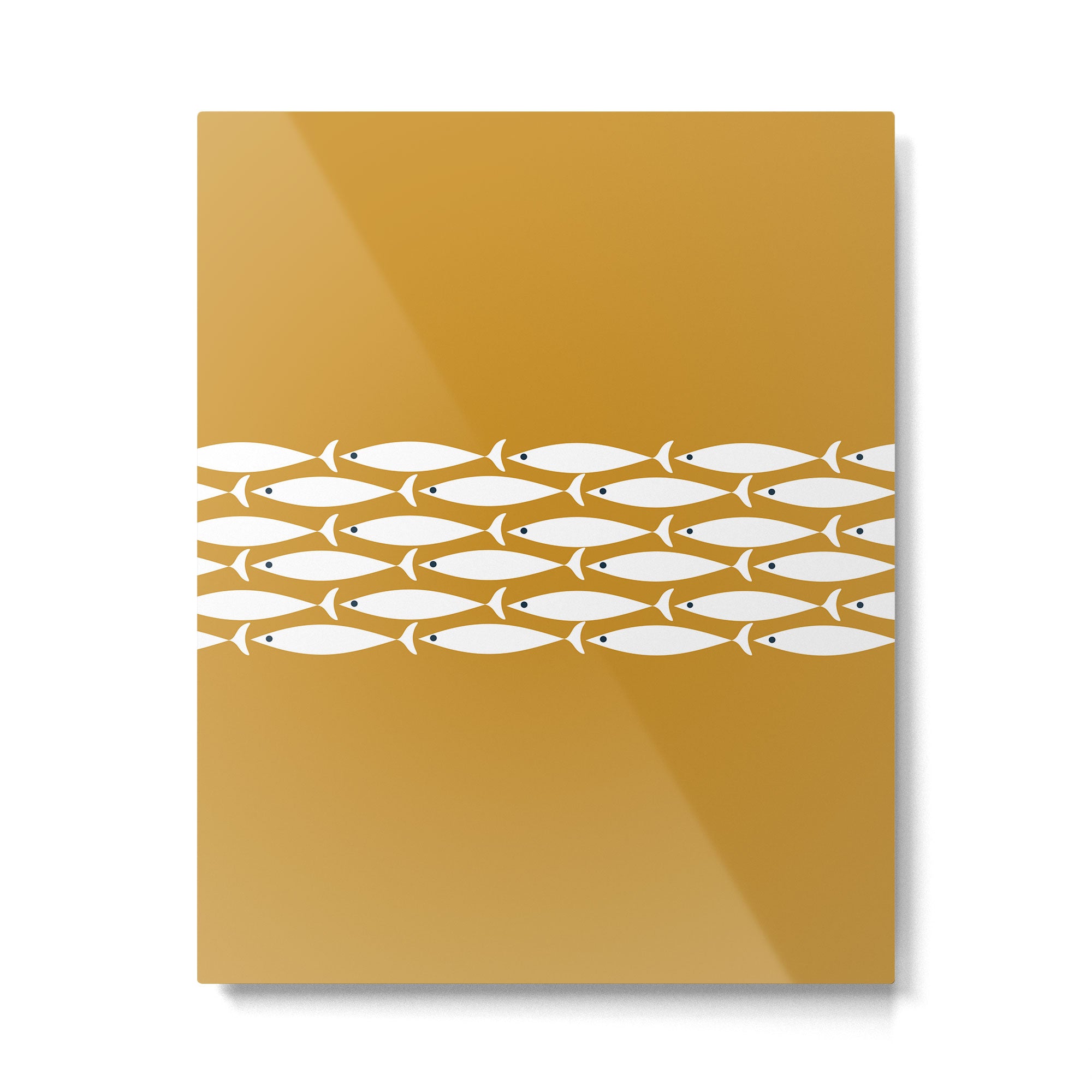 Fish Stripe 6 Minimalist Midcentury Modern Fish Pattern in White, Navy Blue, and Dark Mustard  Metal Print Gallery Image 6