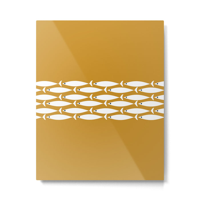 Fish Stripe 6 Minimalist Midcentury Modern Fish Pattern in White, Navy Blue, and Dark Mustard  Metal Print Gallery Image 1