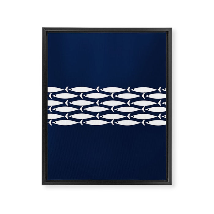 Fish Stripe 6 Minimalist Midcentury Modern Ocean Pattern in White and Nautical Navy Blue Framed Canvas Print Gallery Image 1