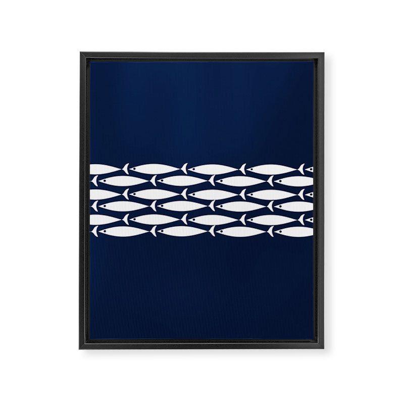 Fish Stripe 6 Minimalist Midcentury Modern Ocean Pattern in White and Nautical Navy Blue Framed Canvas Print Gallery Image 8